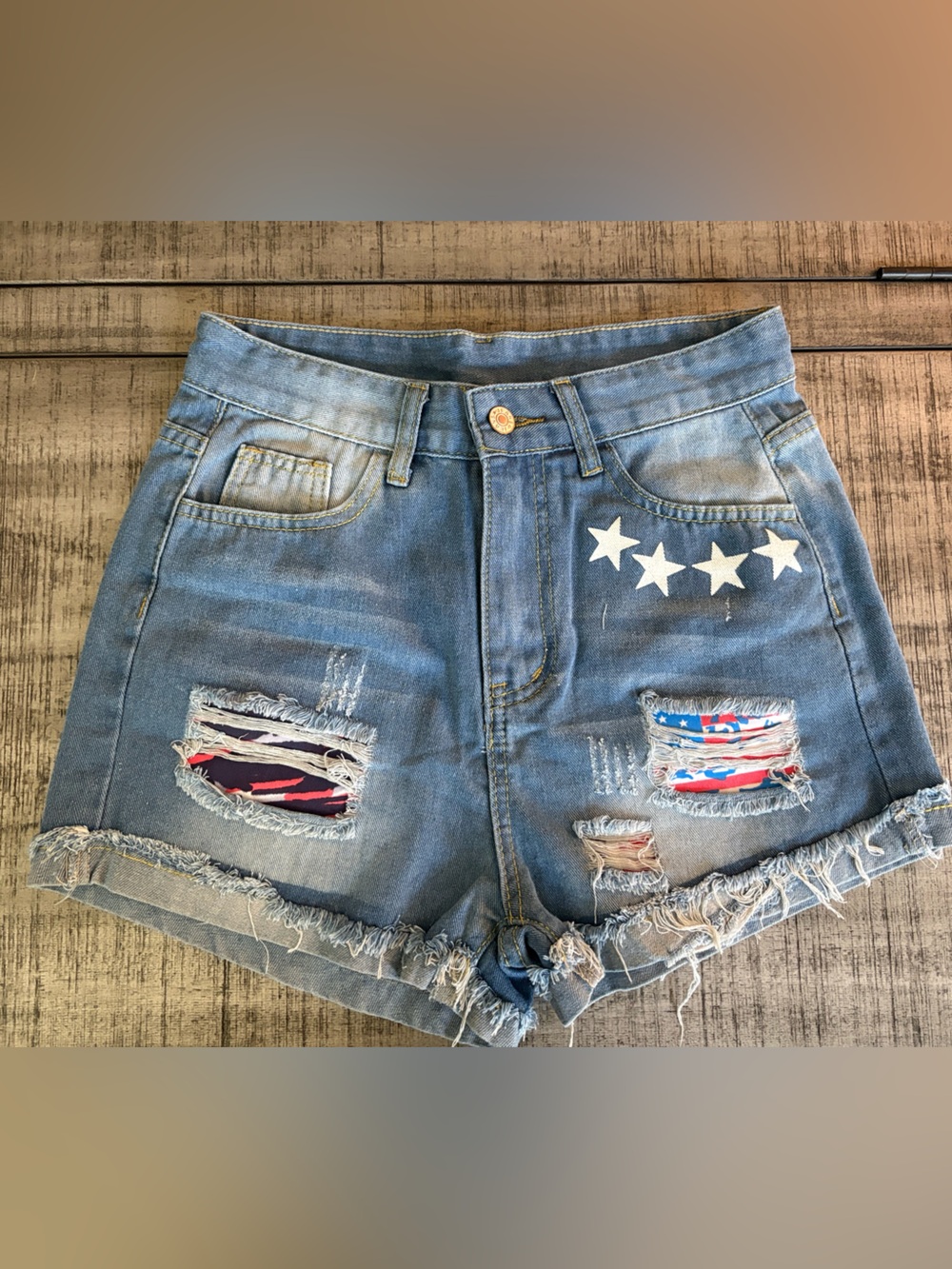 Denim Distressed Women’s Shorts with Star Detail - Blue